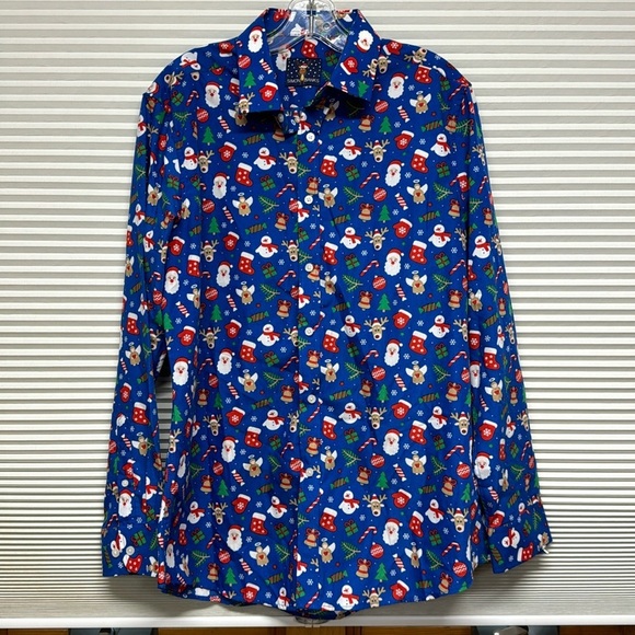 Simon Banks NWT Blue Christmas Print Holiday Long Sleeve Button Down Shirt - Picture 1 of 8